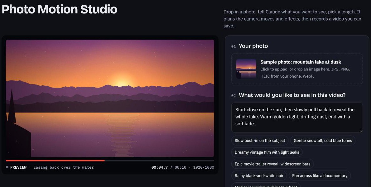 Photo Motion Studio: a sunset lake photo in a video preview next to the request form