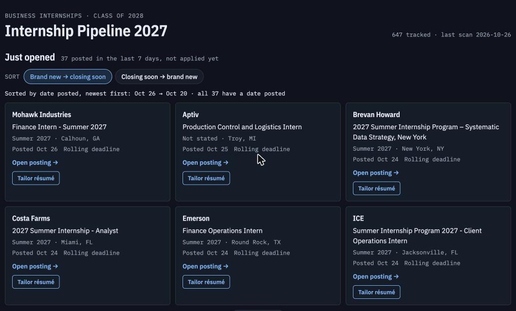 Internship Pipeline 2027 dashboard listing newly opened finance internships