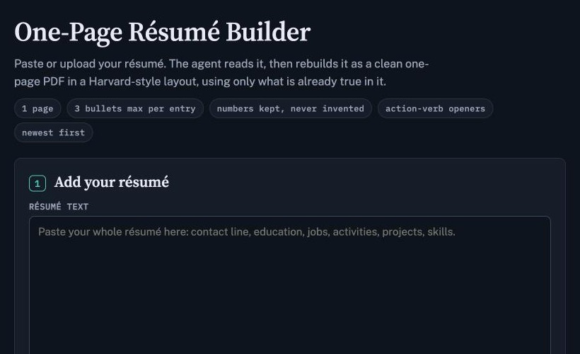 One-Page Résumé Builder start screen